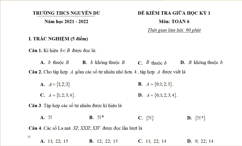 Toán 6: Đề kiểm tra giữa học kì 1. Trường THCS Nguyễn Du năm học 2021-2022